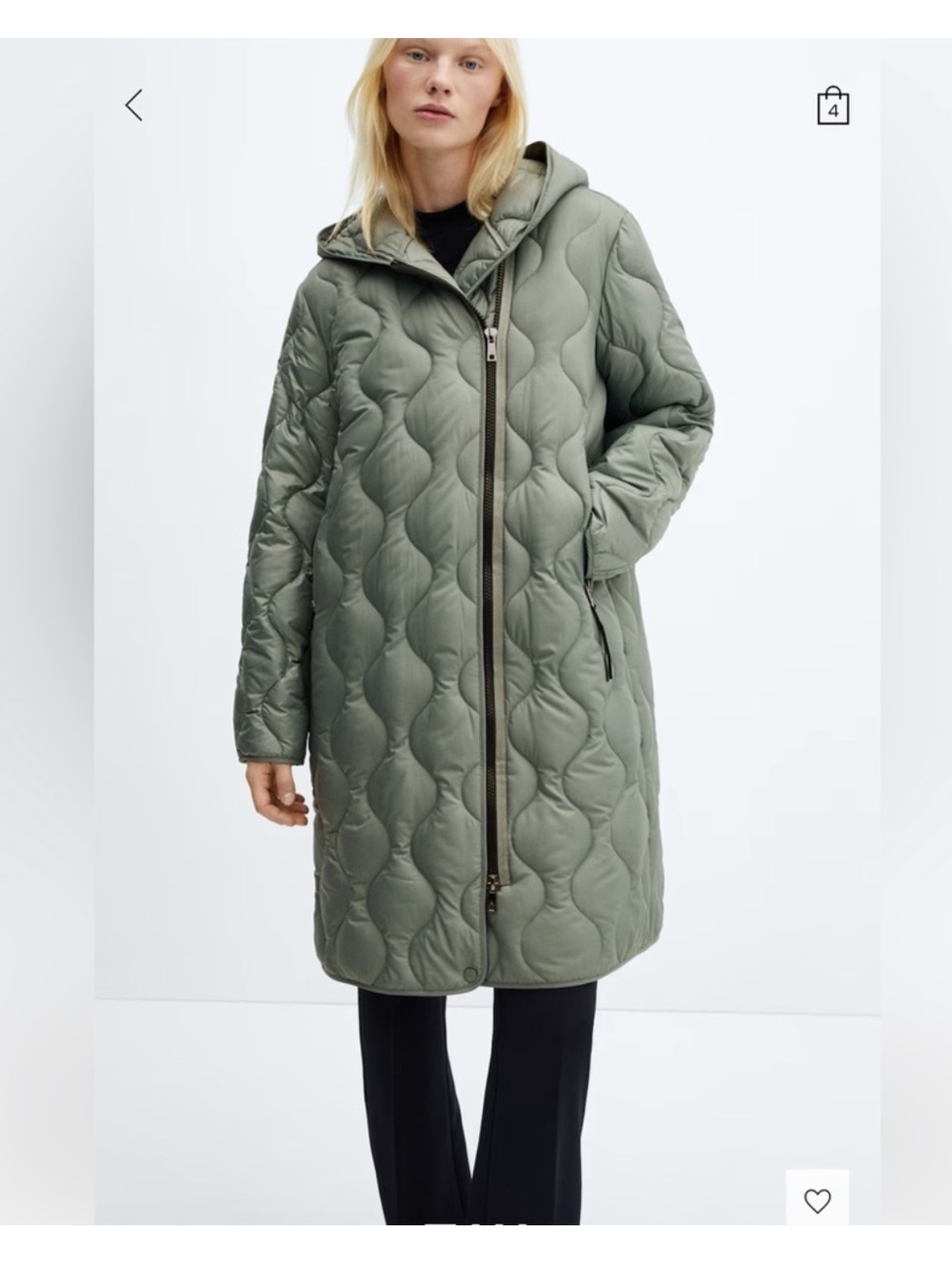 Mango Quilted Hooded Long Puffer Coat in Sage Green size Small